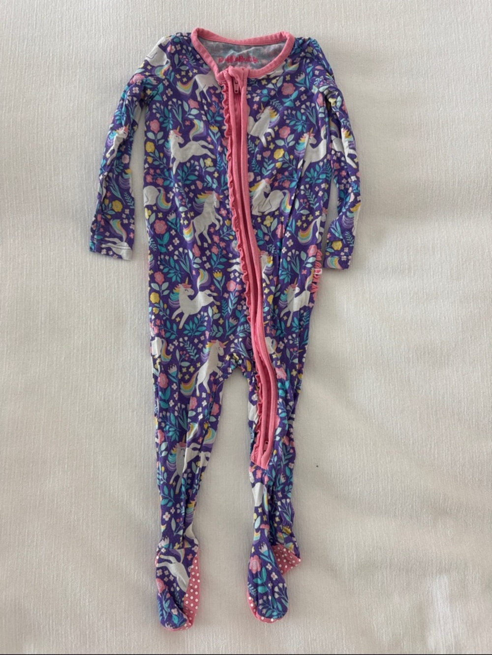 Ruffle Butts Purple Unicorn Footed One-Piece Pajamas with Pink Trim